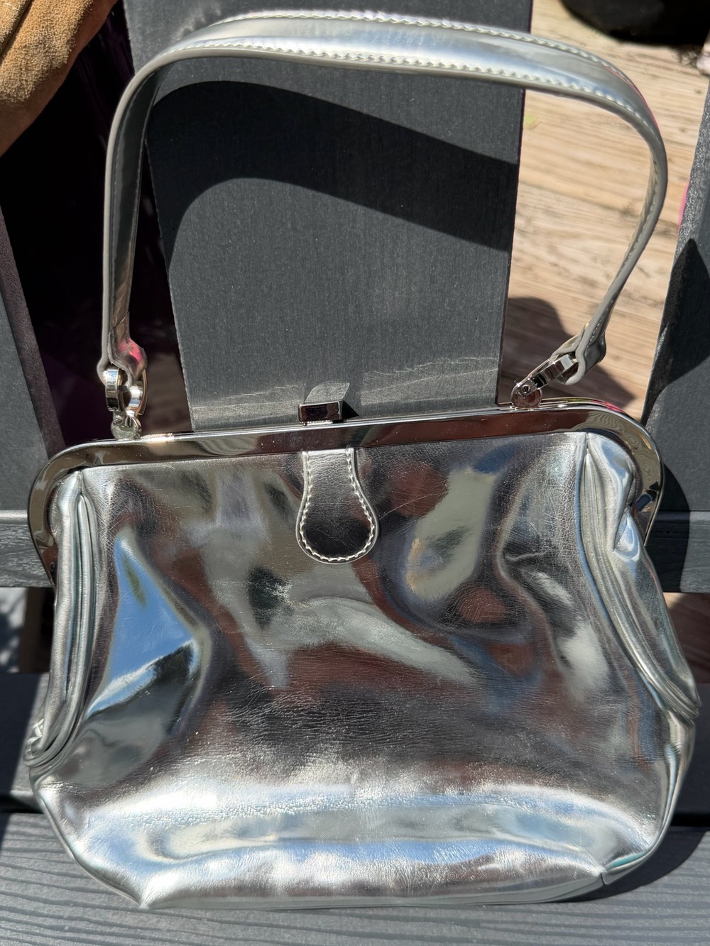 Mirror Silver Metallic Sassy Antonio Melani Frame-Top Handbag Vintage and rare